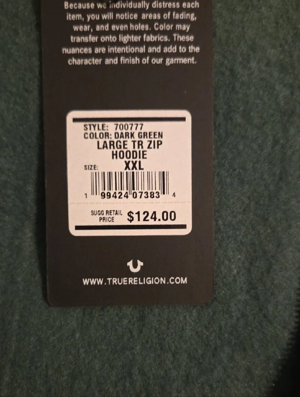 True Religion Dark Green Zip-Up Hoodie with TR Patch